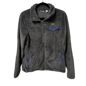 LL BEAN HI-PILE FLEECE JACKET GRAY BLUE ELBOW PATCHES WOMENS S FULL ZIP 505250